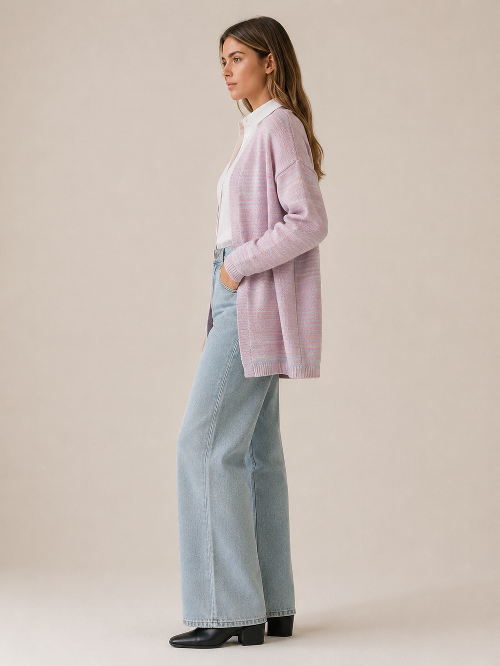Zevira | Long Cardigan with Open Front and Striped Design
