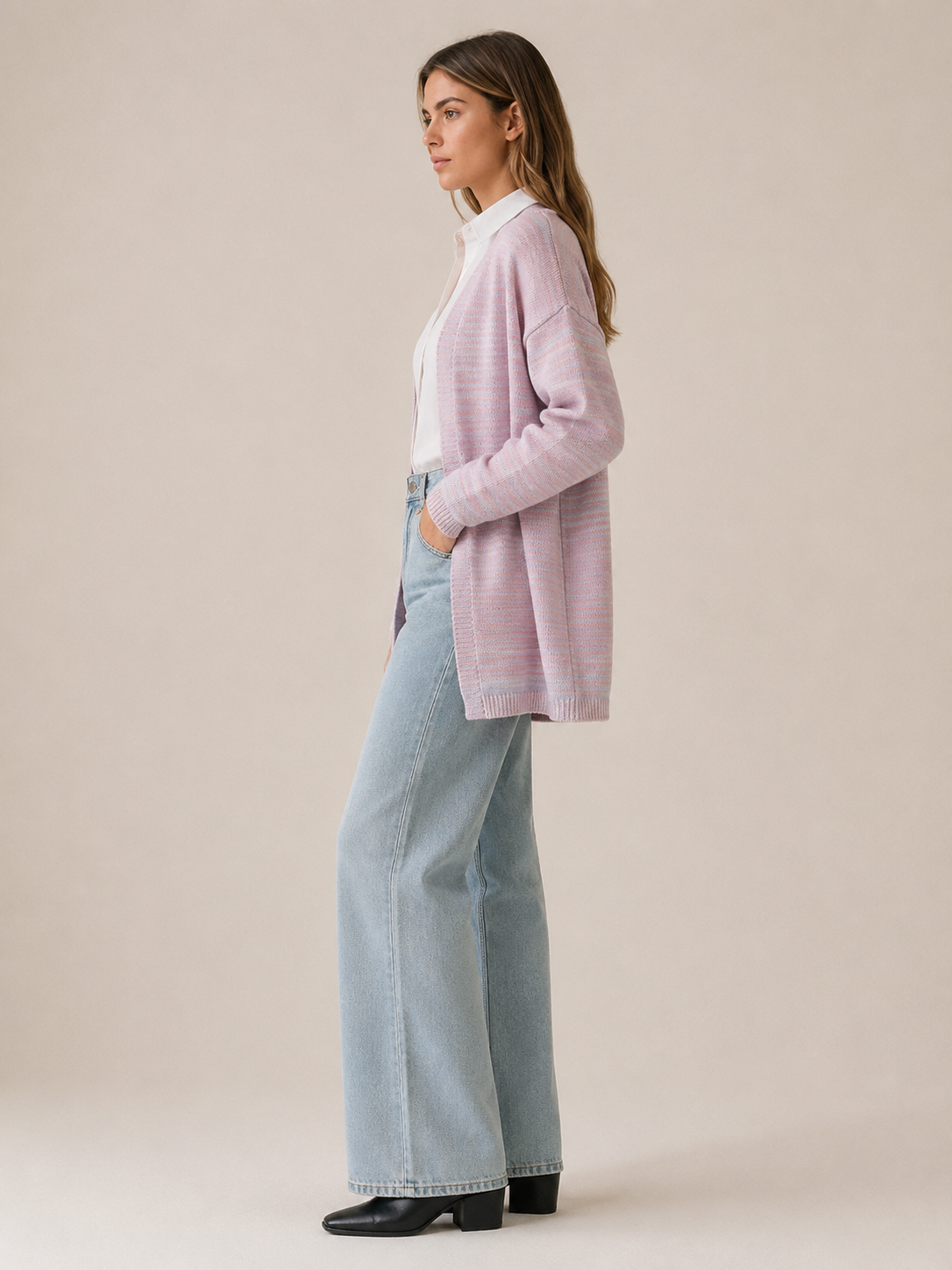 Zevira | Long Cardigan with Open Front and Striped Design