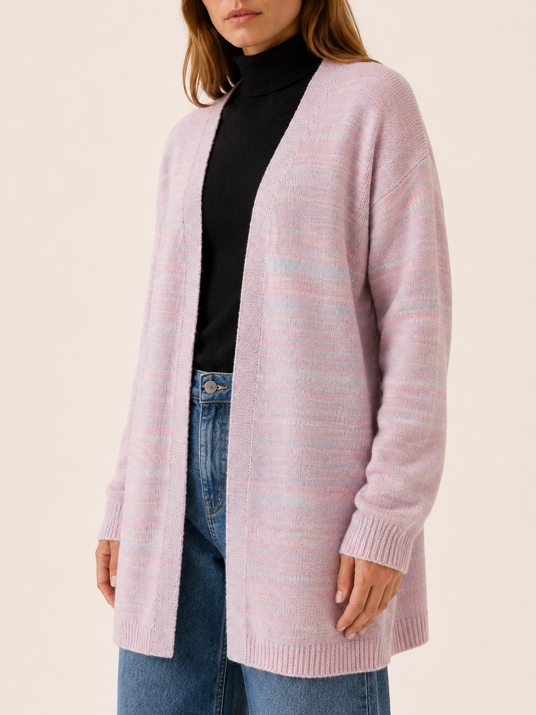 Zevira | Long Cardigan with Open Front and Striped Design
