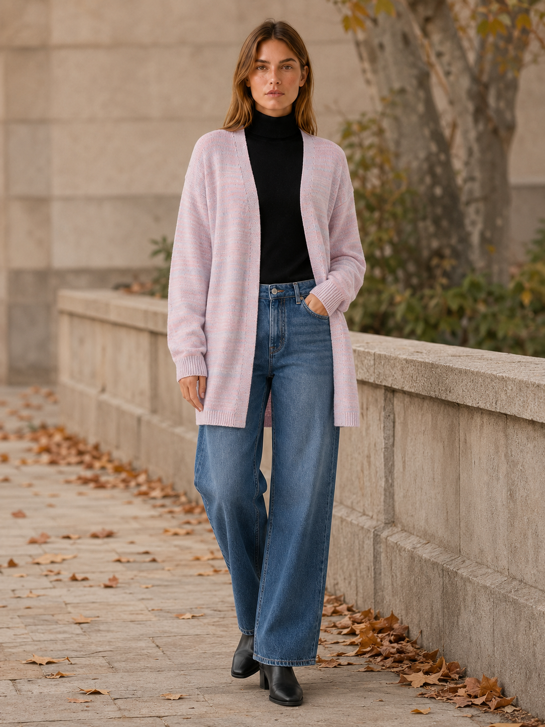 Zevira | Long Cardigan with Open Front and Striped Design