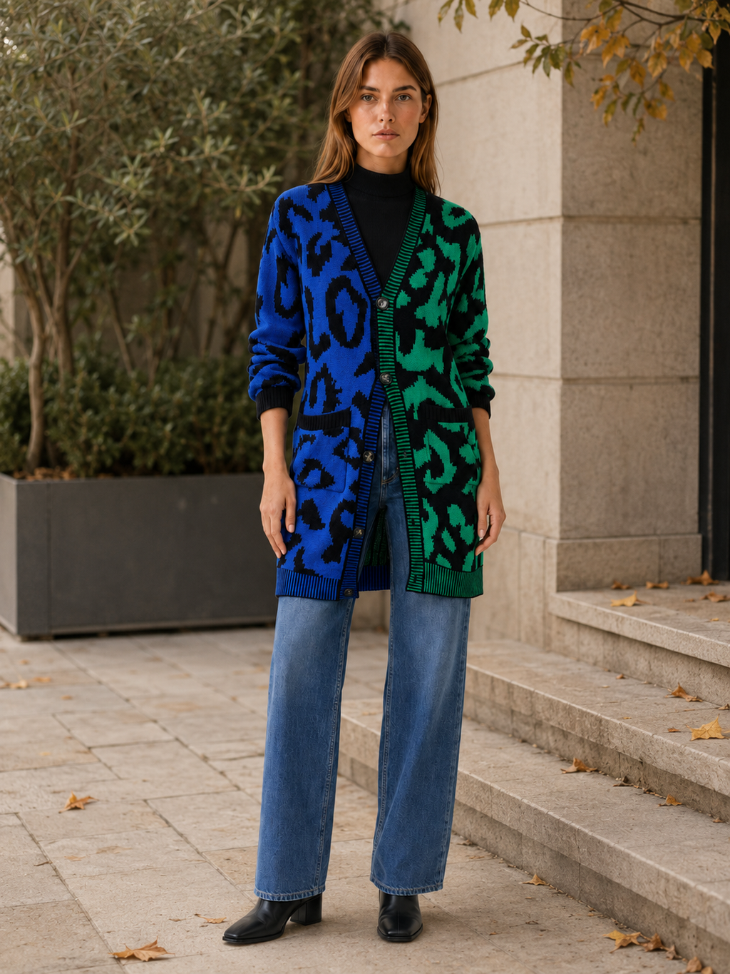 Zuleika | Long Cardigan with Leopard Print and Button Front