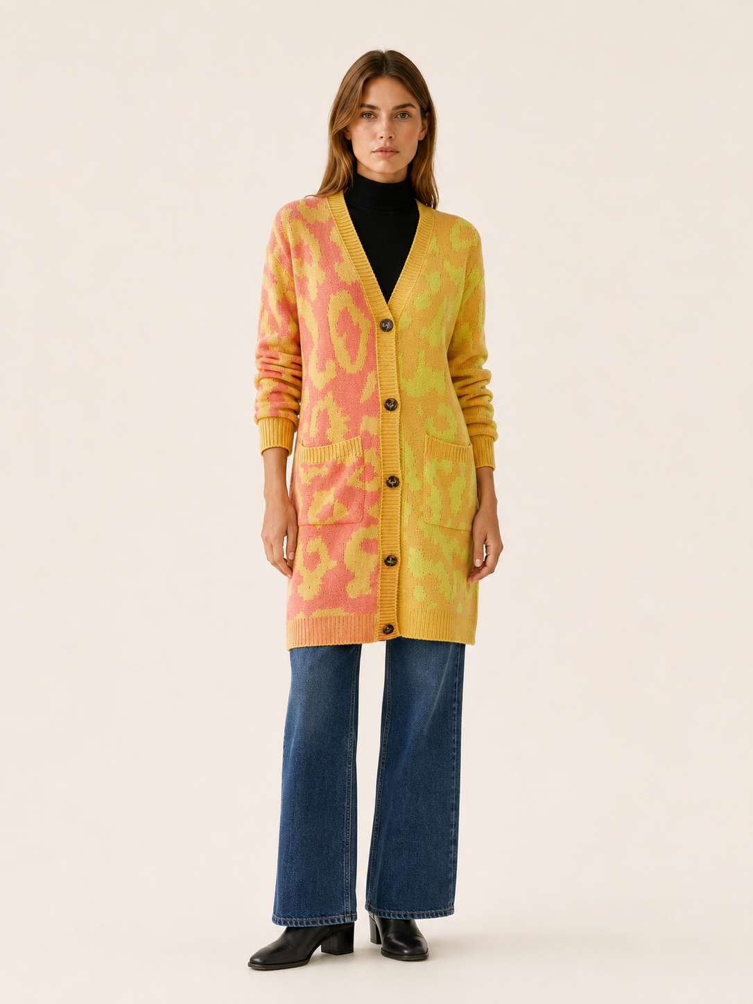 Zuleika | Long Cardigan with Leopard Print and Button Front