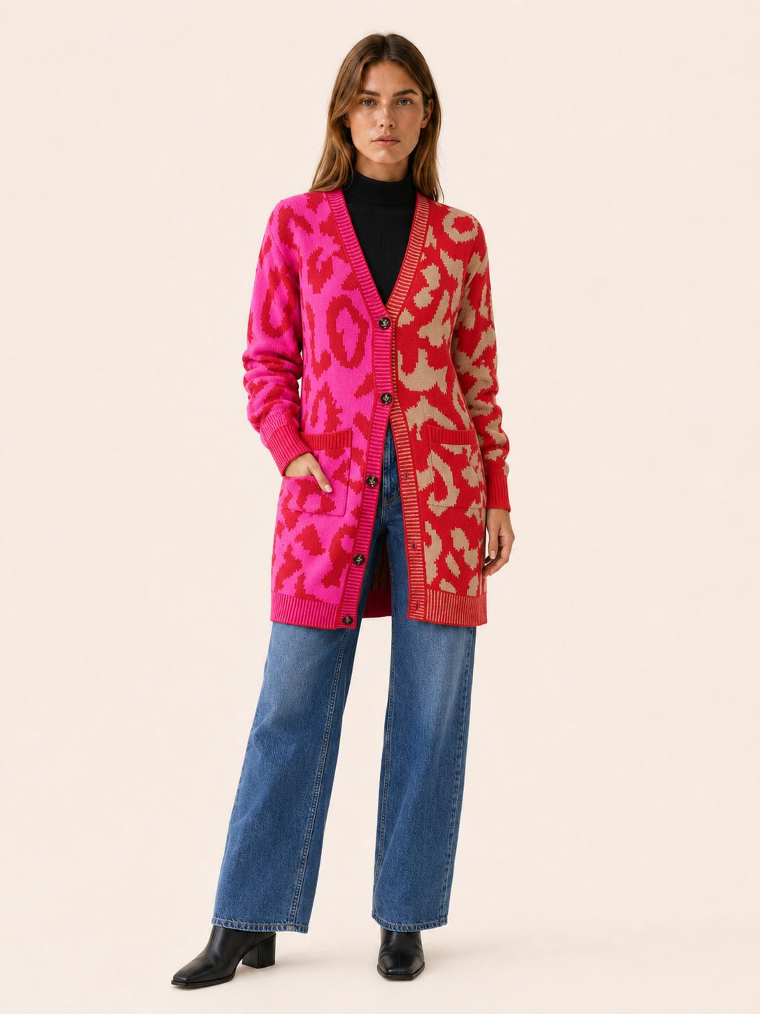 Zuleika | Long Cardigan with Leopard Print and Button Front