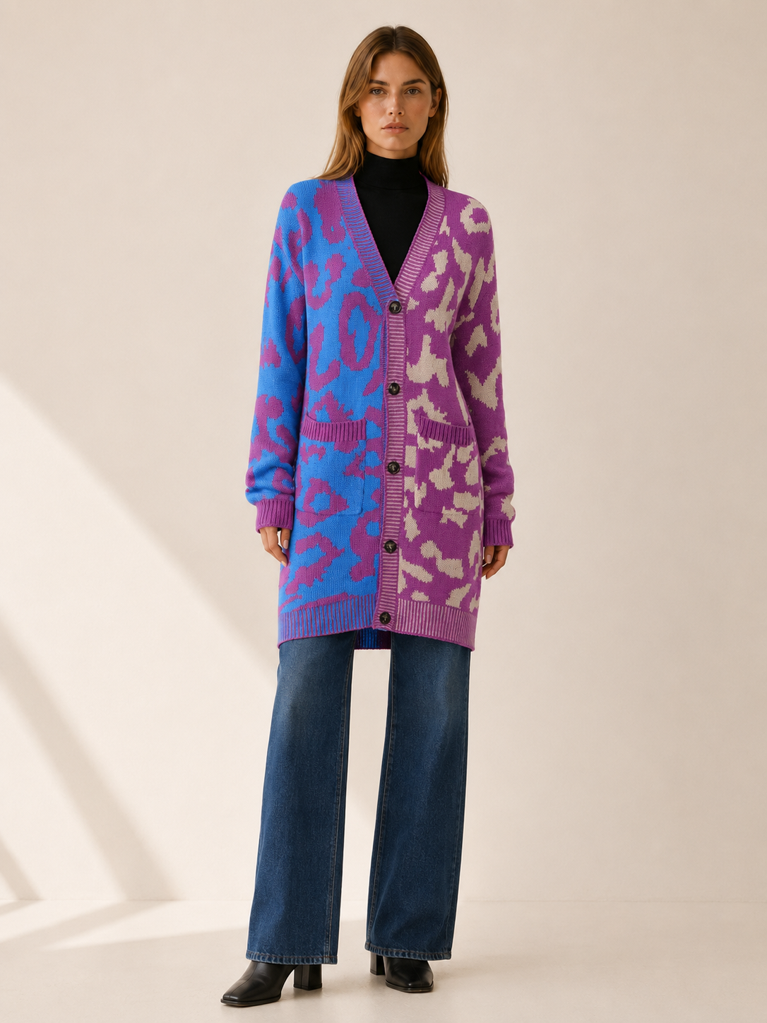 Zuleika | Long Cardigan with Leopard Print and Button Front